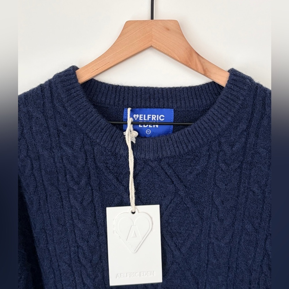 Aelfric Eden Navy Blue Cable Knit Crewneck Sweater - Picture 2 of 3